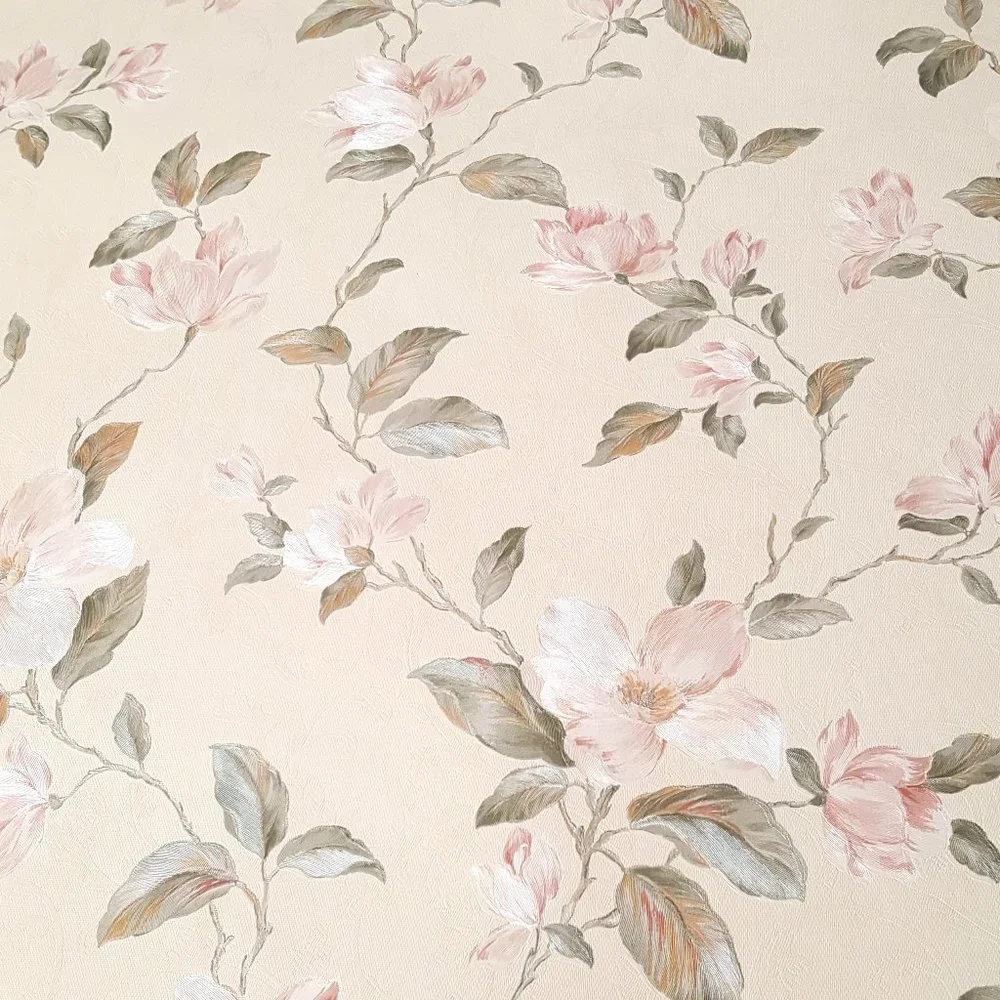 Vintage Vinyl Wallpaper Opalescent Rose w/Green Floral on Off-White *AS IS*